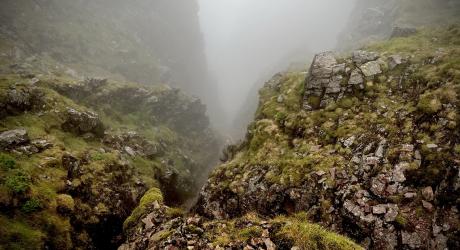 A cloudy view down the West Wall Traverse in the Lake District.