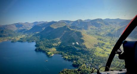 A view from a helicopter of Cat Bells and Derwent Water in the Lake District National Park.