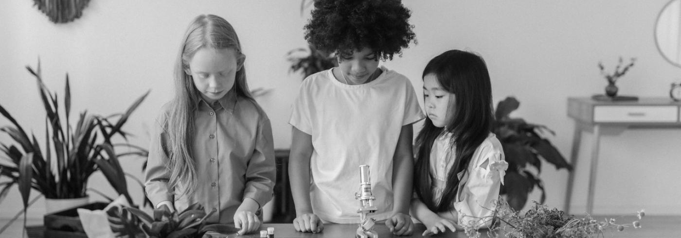 Three kids looking at plants